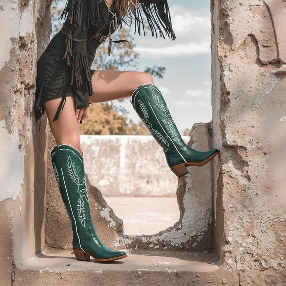 Women's Green Mid Calf Cowgirl Western Boot Embroidered Suede Pull On Almond Toe - Picture 3 of 6